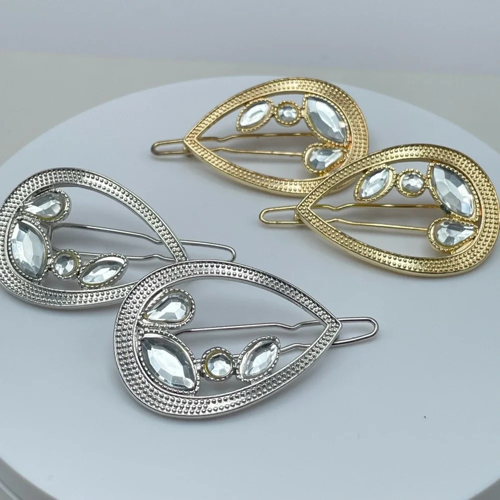 Vintage 80s Teardrop Hair Clips Set Gold & Silver Tone Rhinestone Bobby Pins Y2K